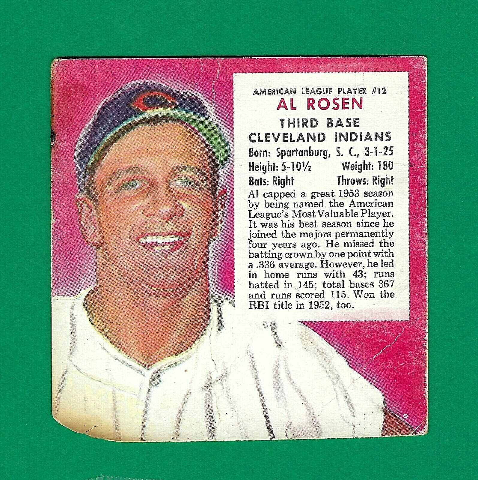 1954 Red Man Tobacco Baseball Cards - #12 Al Rosen - Indians - MVP - Scocards