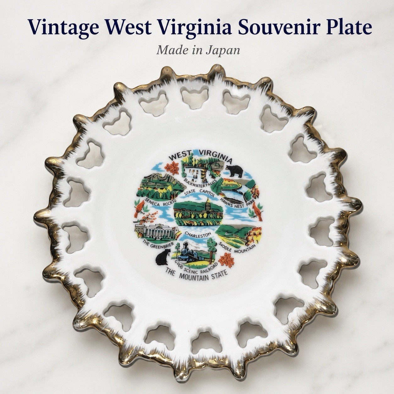 Vintage West Virginia Souvenir Plate Mountain State Scenic Japan Gold Trim