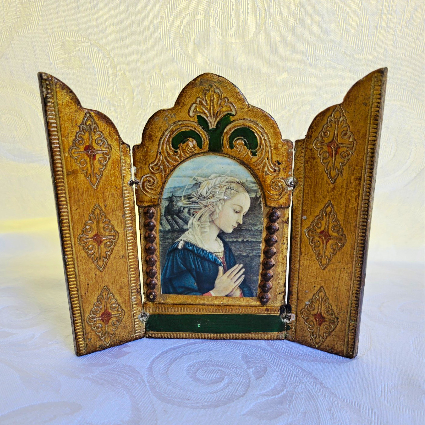 Vintage Italian Florentine Gilt Wood Triptych Madonna Filippo Lippi Folding 6\