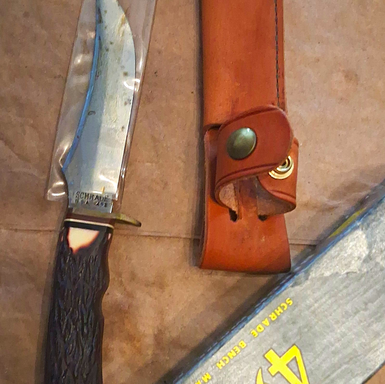 Vintage Schrade 498S Fixed Blade Knife, cosmoline intact,Stagalon w/Sheath Vintage Schrade 498S Fixed Blade Knife, cosmoline intact,Stagalon w/Sheath