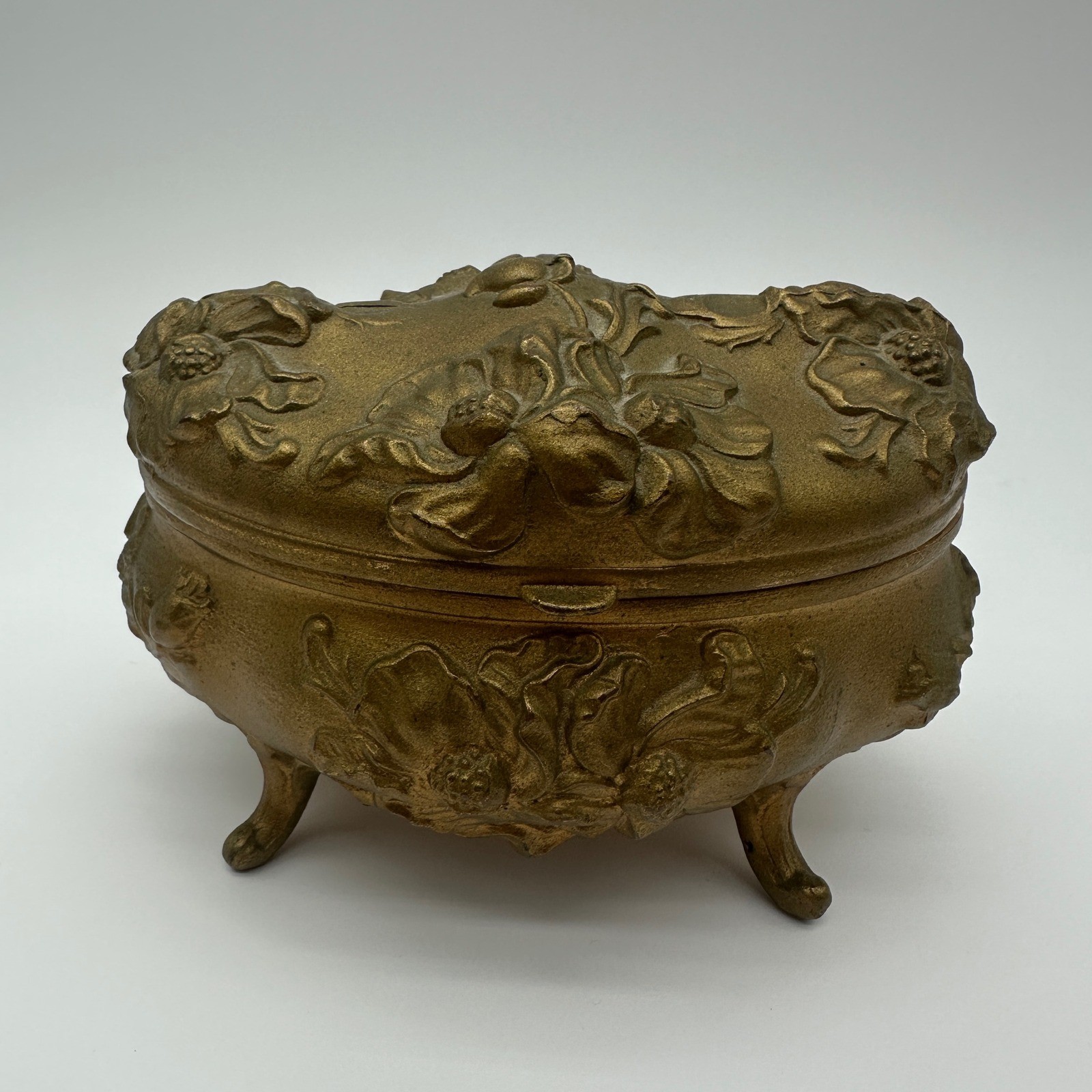 ANTQ Art Nouveau Jewelry Casket Footed Spelter Pot Metal Box Rose Relief Lined ANTQ Art Nouveau Jewelry Casket Footed Spelter Pot Metal Box Rose Relief Lined