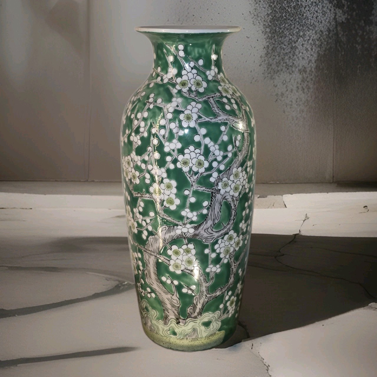 Mid Century Chinese Famille Verte Green White Cherry Blossom Baluster Vase 13.5 Mid Century Chinese Famille Verte Green White Cherry Blossom Baluster Vase 13.5