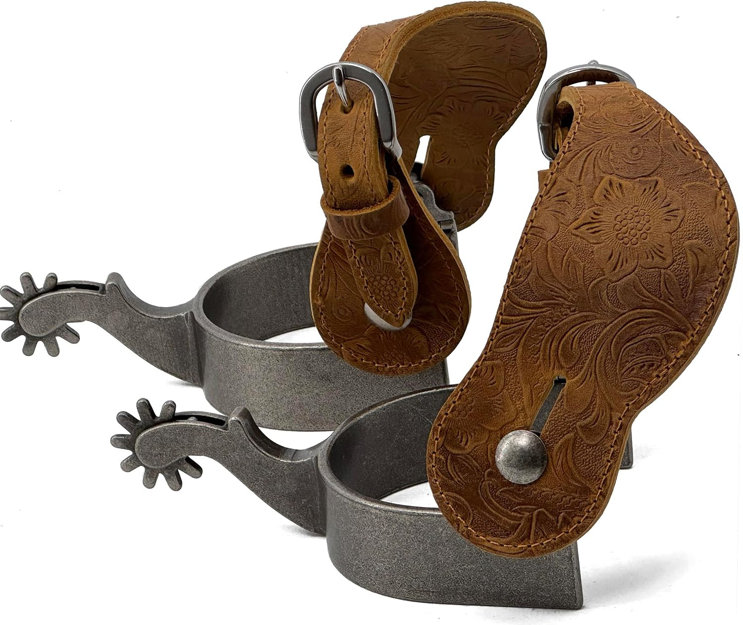 Men'S Western Cowboy Spurs with Spur Straps, Antique Silver Plated, Iron, 1