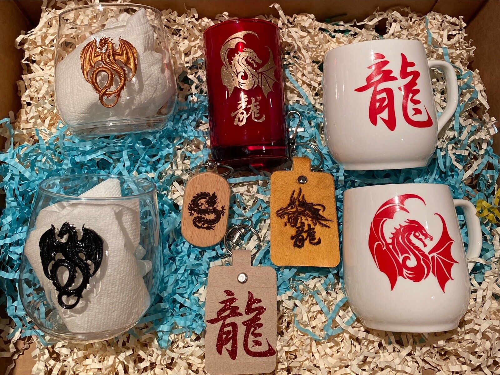 Chinese Lunar New Year Dragon bundle gift set Candle Mug Keychains Stemless Wine