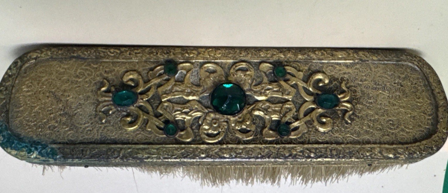 Antique Art Deco Jeweled Ormolu Clothes / Hat Brush – Green Cabochons – c. 1920s