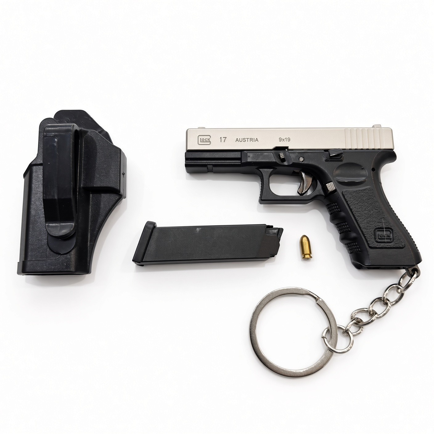 Gun/Pistol Black Silver Mini All Metal Keychain Bullet w/Belt Clip Holster Ring Gun/Pistol Black Silver Mini All Metal Keychain Bullet w/Belt Clip Holster Ring