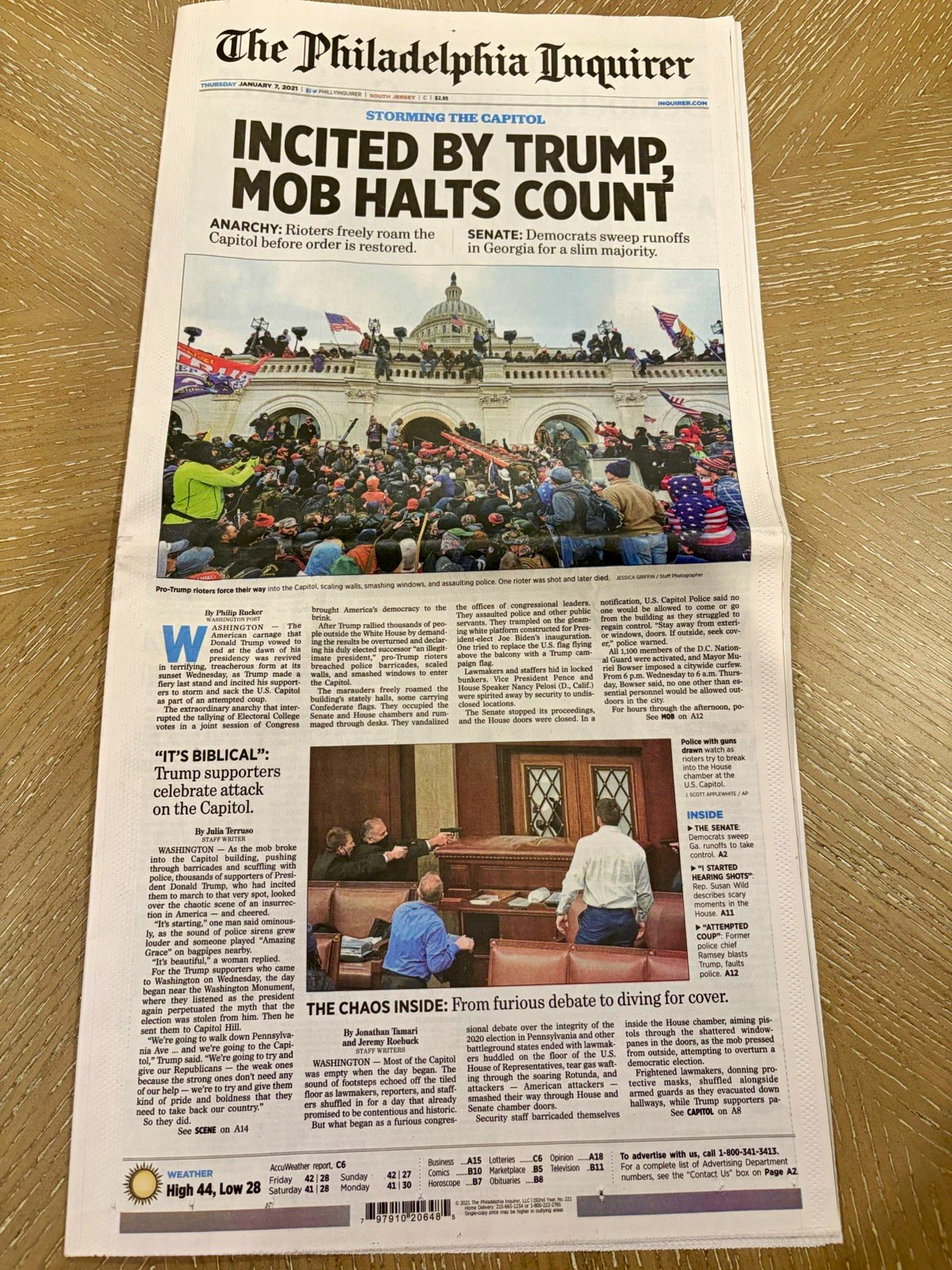 Philadelphia Inquirer Jan 7 2021 Capitol Attack Historic Newspaper Trump