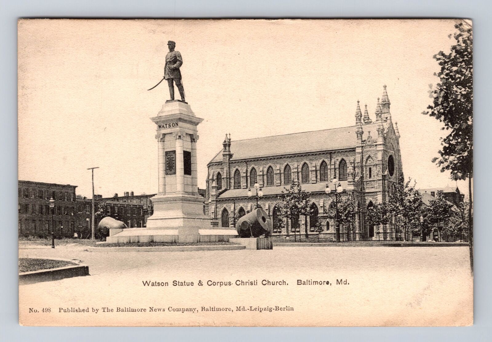 Baltimore MD-Maryland, Watson Statue And Corpus Christi Church Vintage Postcard