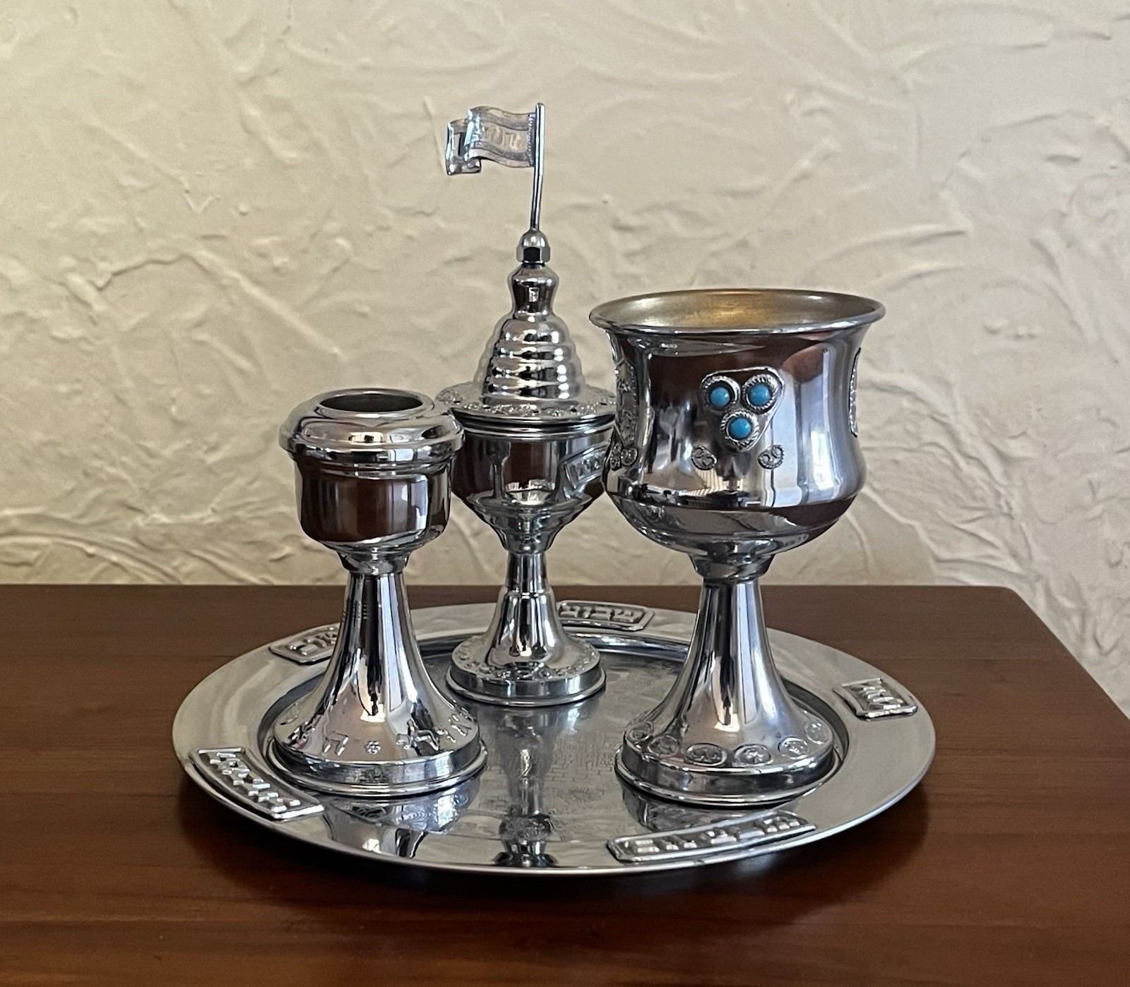 Vintage Judaica Shabbat Havdalah Set Spice Box Tray Candlesticks Kiddush Cup Vintage Judaica Shabbat Havdalah Set Spice Box Tray Candlesticks Kiddush Cup