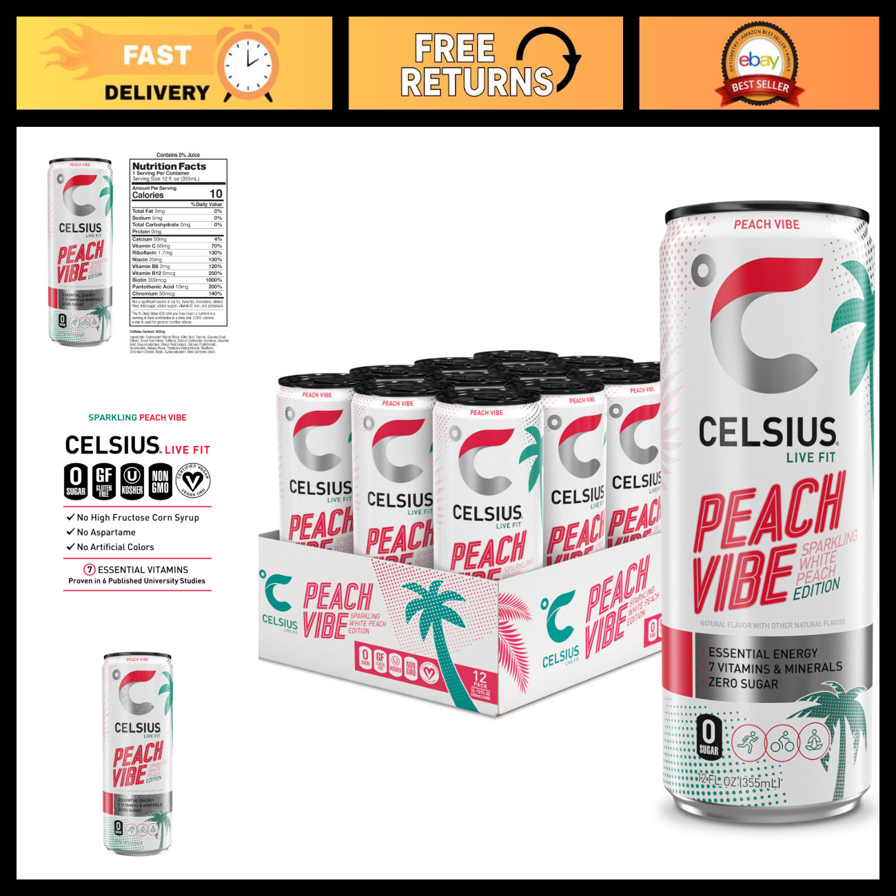 Sugar Free Sparkling White Peach Energy Drink, 12 Fl Oz, Pack of 12, Refreshing Sugar Free Sparkling White Peach Energy Drink, 12 Fl Oz, Pack of 12, Refreshing