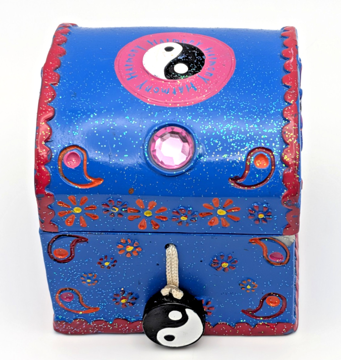Vtg Claire's 2000 Trinket Box Friendship Creates Harmony Blue Glitter Yin & Yang Vtg Claire's 2000 Trinket Box Friendship Creates Harmony Blue Glitter Yin & Yang
