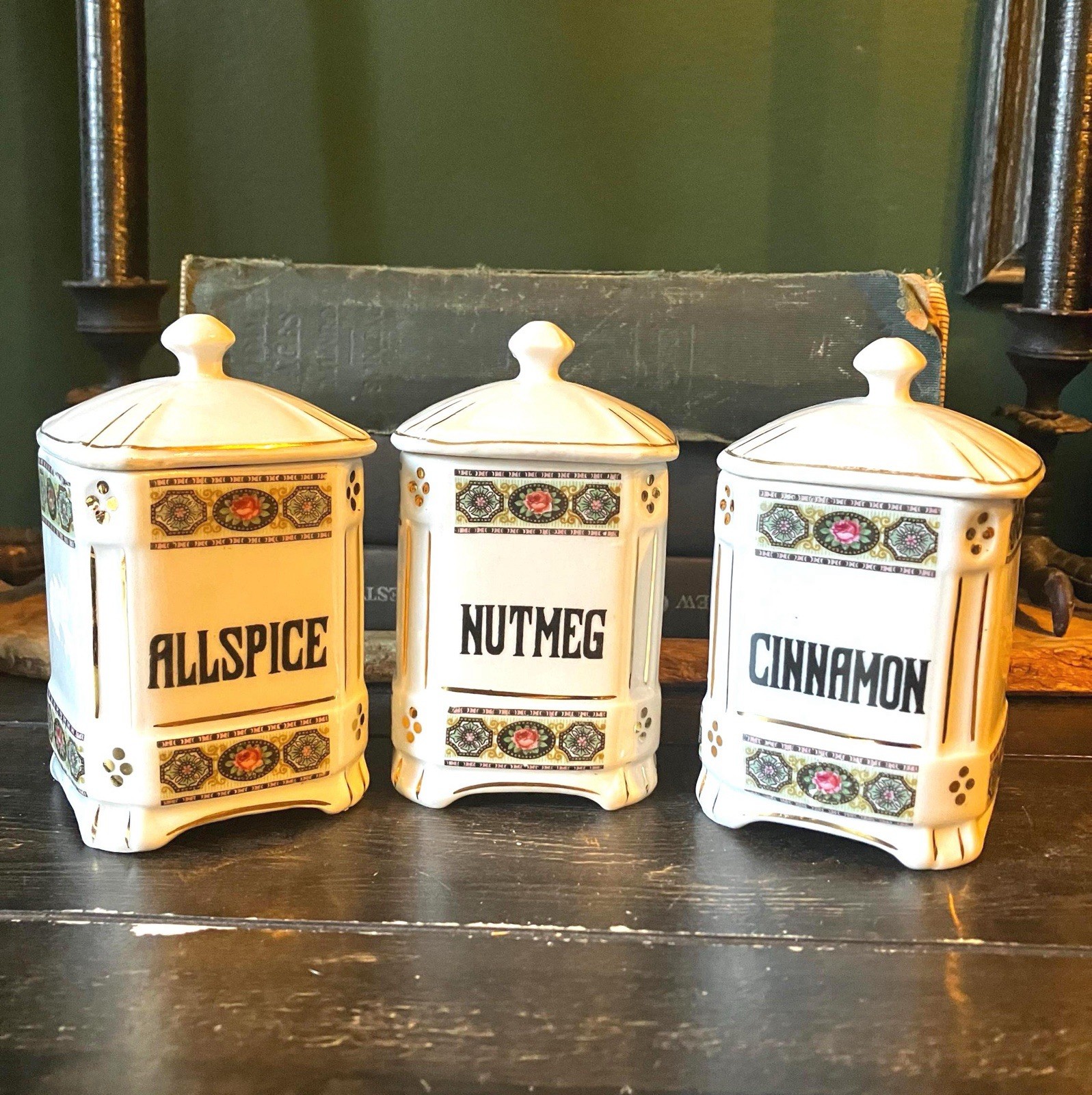 Antique 1930s White Block Czechoslovakia Porcelain Spice Jars Set Art Deco 3pc