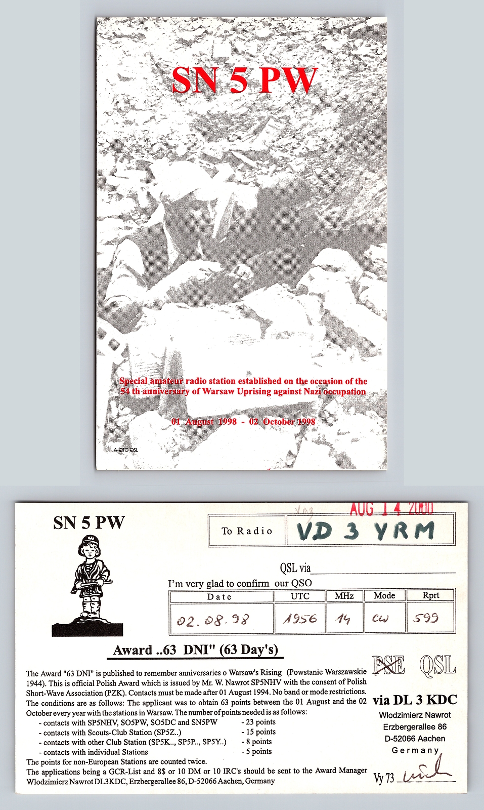 Ham Radio QSL QSO Postcard SN 5 PW, Aachen, North Rhine-Westphalia, Germany Ham Radio QSL QSO Postcard SN 5 PW, Aachen, North Rhine-Westphalia, Germany