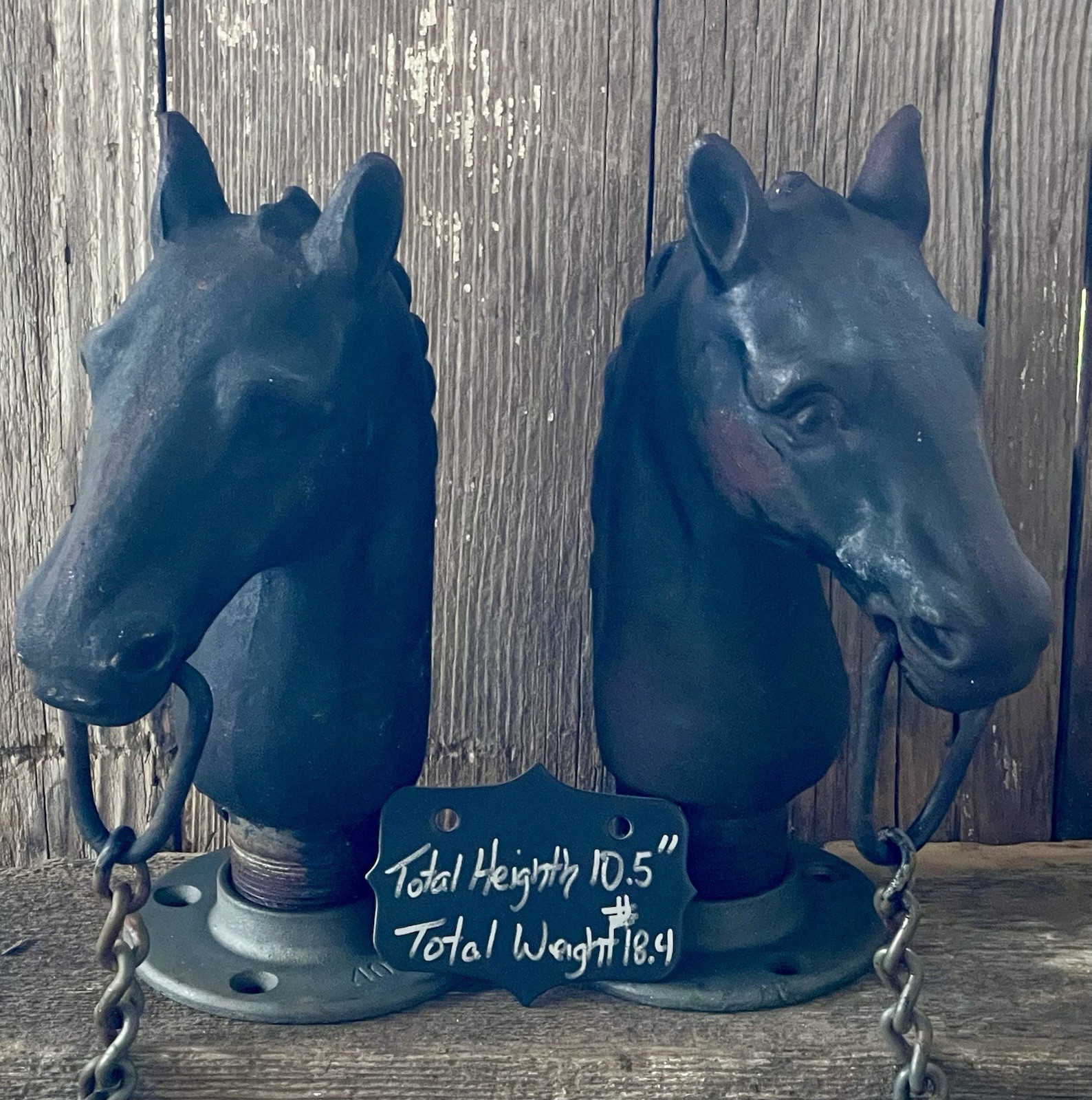 Pair Vintage Cast Iron Horse Head Hitching Post Toppers Bookends Equestrian 18lb