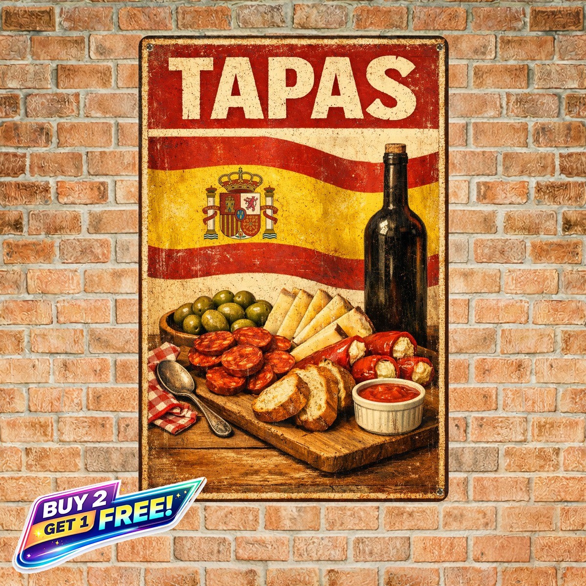 Vintage Spanish Tapas Retro Metal Sign Spain Flag Patio Kitchen Wall Decor