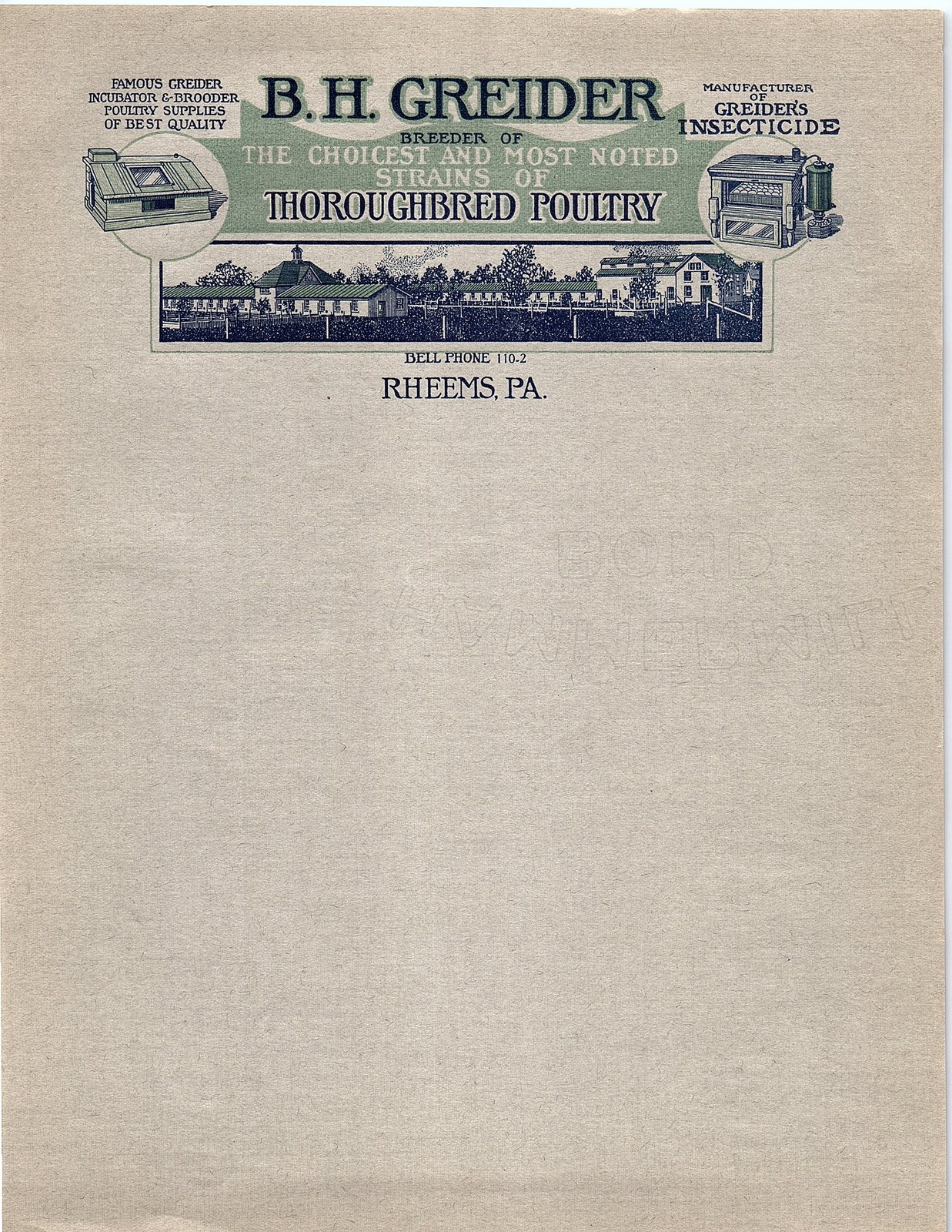 Vintage B.H. Greider Poultry Farm Rheems PA Billhead Vintage B.H. Greider Poultry Farm Rheems PA Billhead