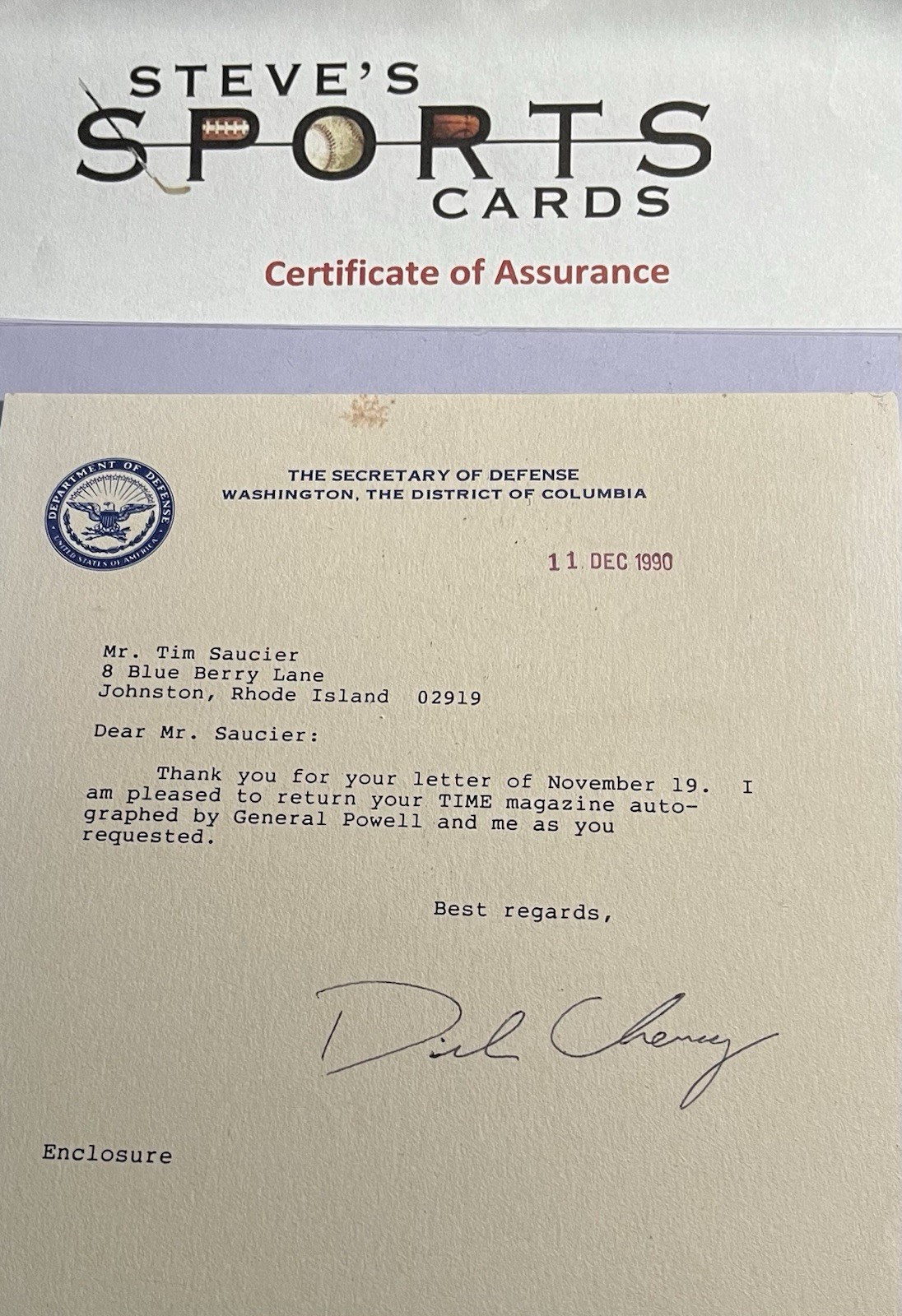 Secretary Defense Dick Cheney Signed Letter Autopen Autograph - COA & Top Loader