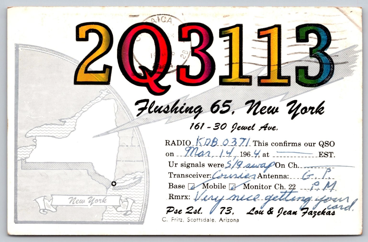 1964 QSL Postcard Flushing NY KDB 0371 Radio Confirmation New York Vintage C99