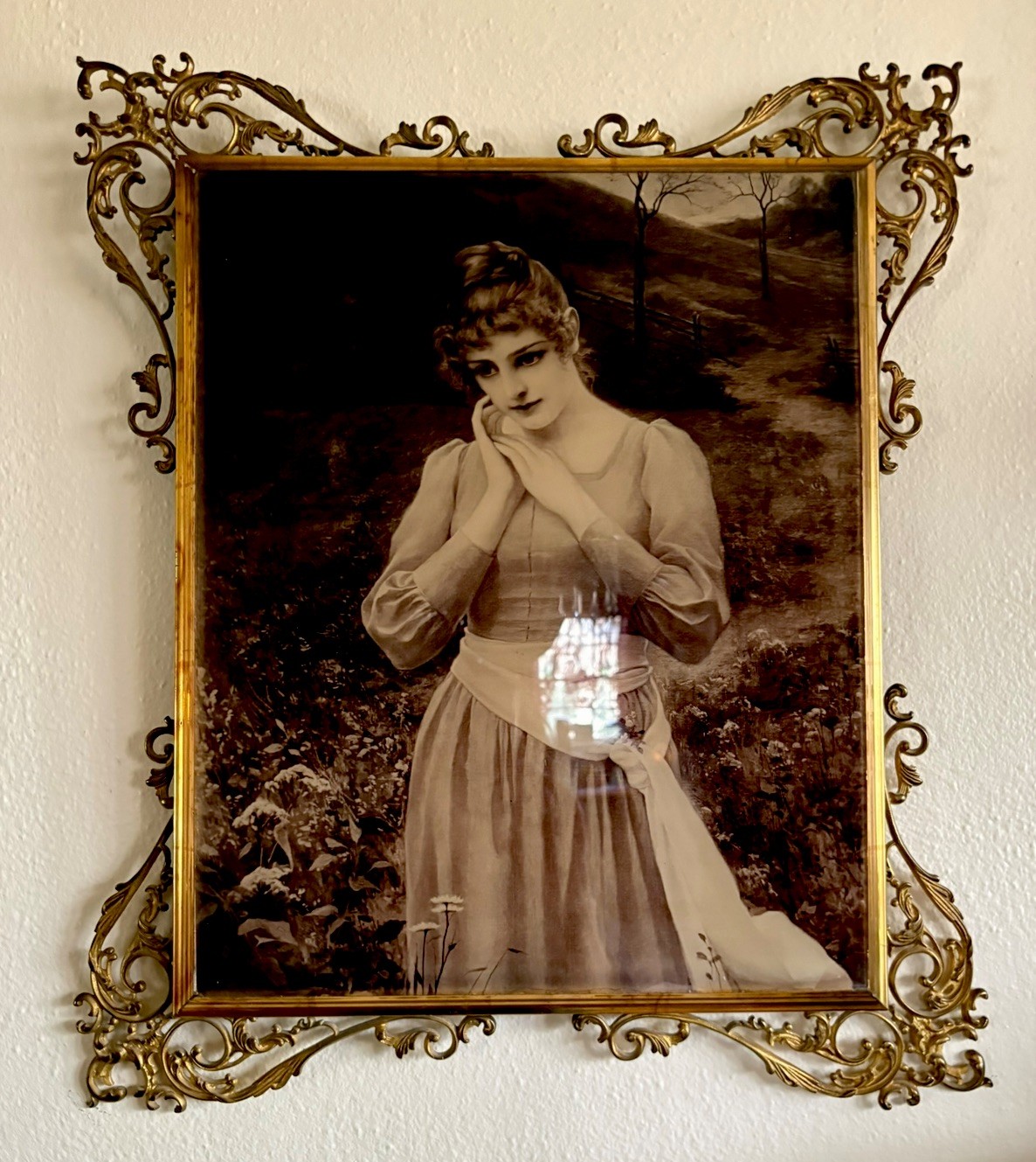 Antique Sepia Toned Romantic Portrait Photograph Of Woman Ornate Gilt Metal Fra