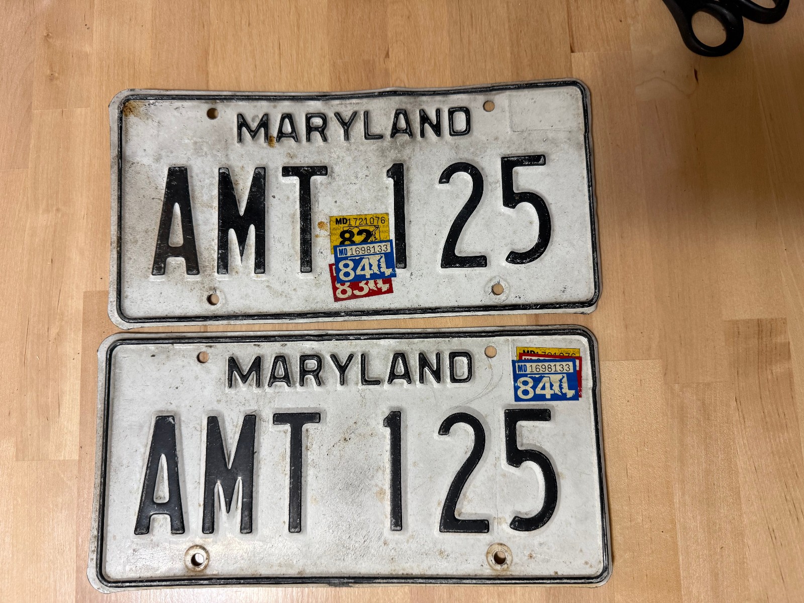 1984 Maryland License Plates Matching Pair AMT 125 Vintage Black White Tags