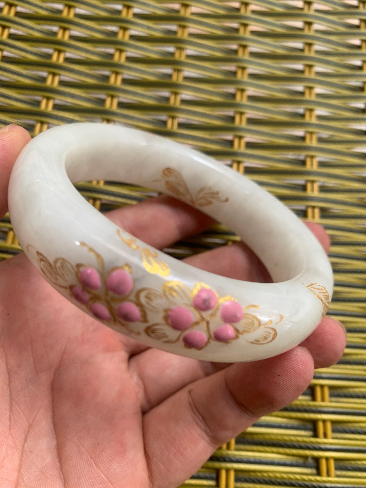 Rare Chinese White HeTian Jade Gilded painted Floral Bangle Bracelet Rare Chinese White HeTian Jade Gilded painted Floral Bangle Bracelet