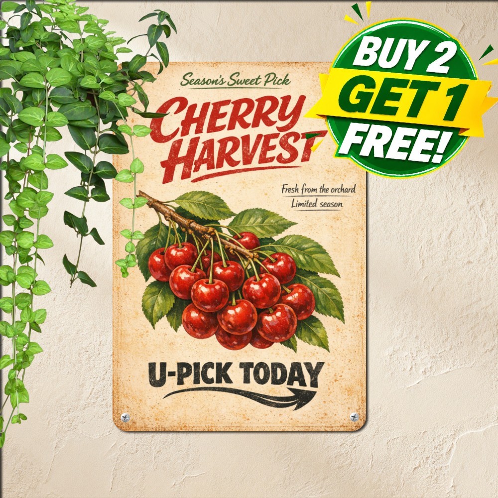 Sweet Juicy Red Cherries Sign Vintage Fruit Orchard Kitchen Metal Tin Plaque