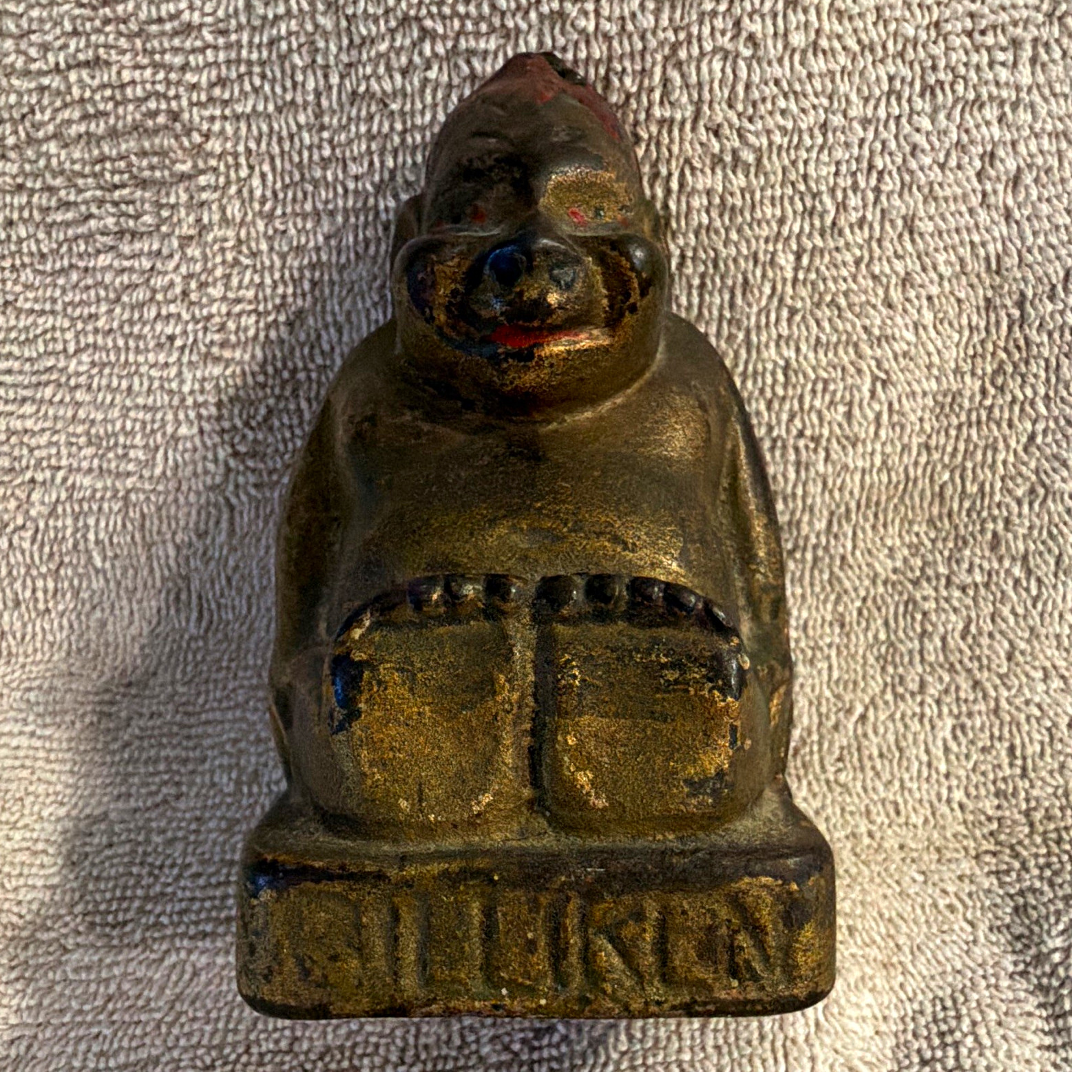 Vintage Cast Metal Seated Figure Still Coin Bank Coin Slot Screw Opening Vintage Cast Metal Seated Figure Still Coin Bank Coin Slot Screw Opening