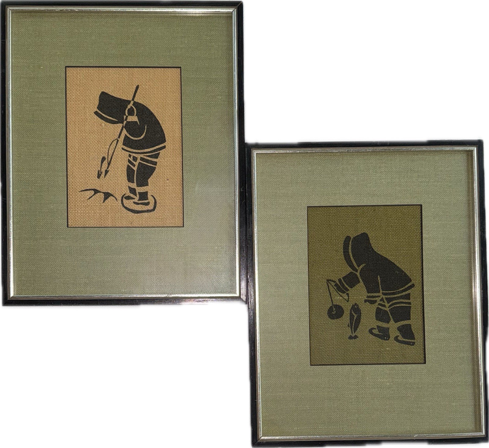 Vtg Helen Kalvak Inuit Burlap Art Textile StoneCut Gallery Framed Set Of 2 Vtg Helen Kalvak Inuit Burlap Art Textile StoneCut Gallery Framed Set Of 2