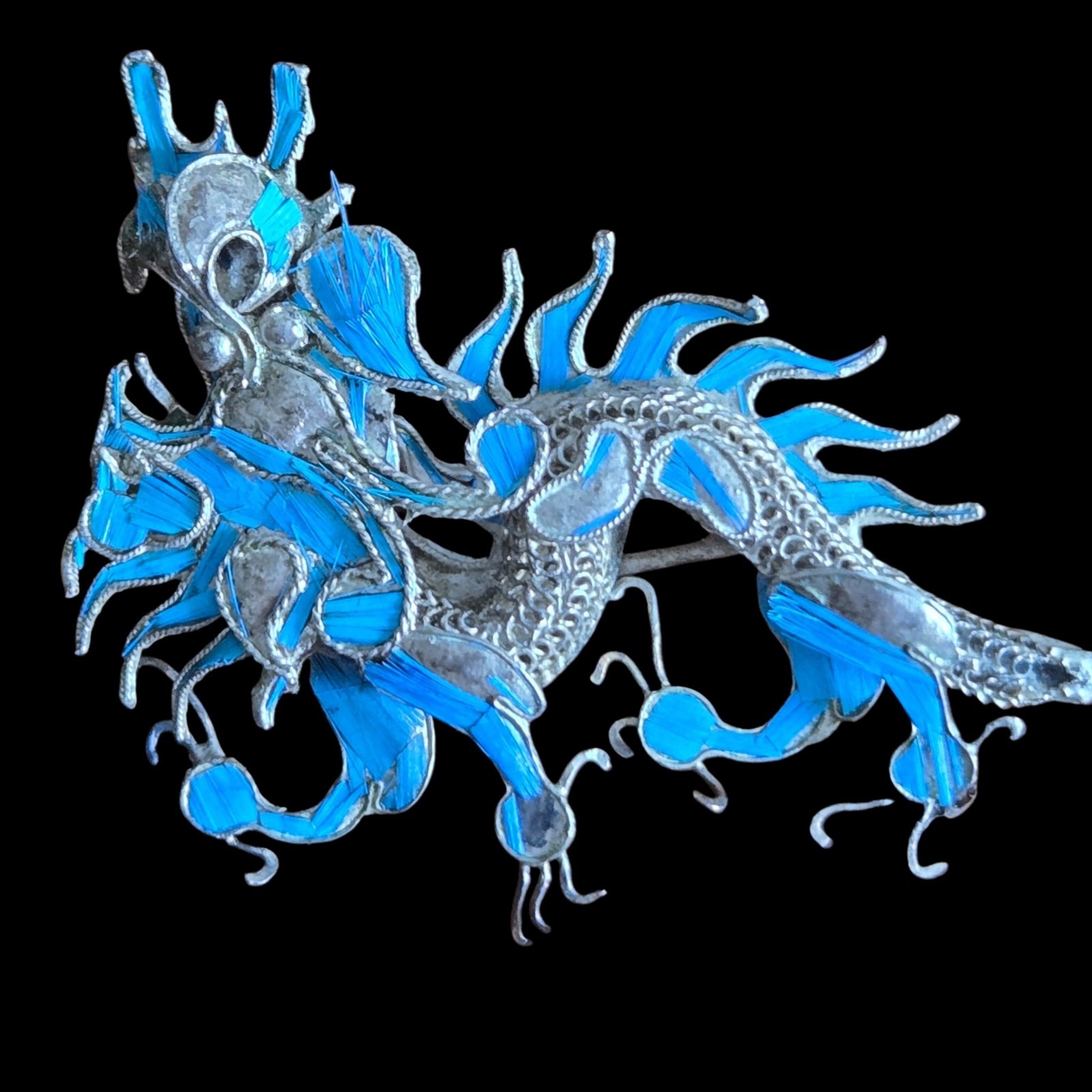Antique Chinese Tian-Tsui Dragon Brooch Genuine Blue Kingfisher Featherwork Antique Chinese Tian-Tsui Dragon Brooch Genuine Blue Kingfisher Featherwork