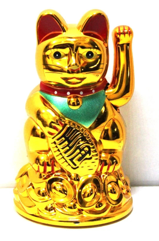 Lucky Waving Cat Maneki Neko Gold Fortune Feng Shui Lucky Cat 4.5 Inch