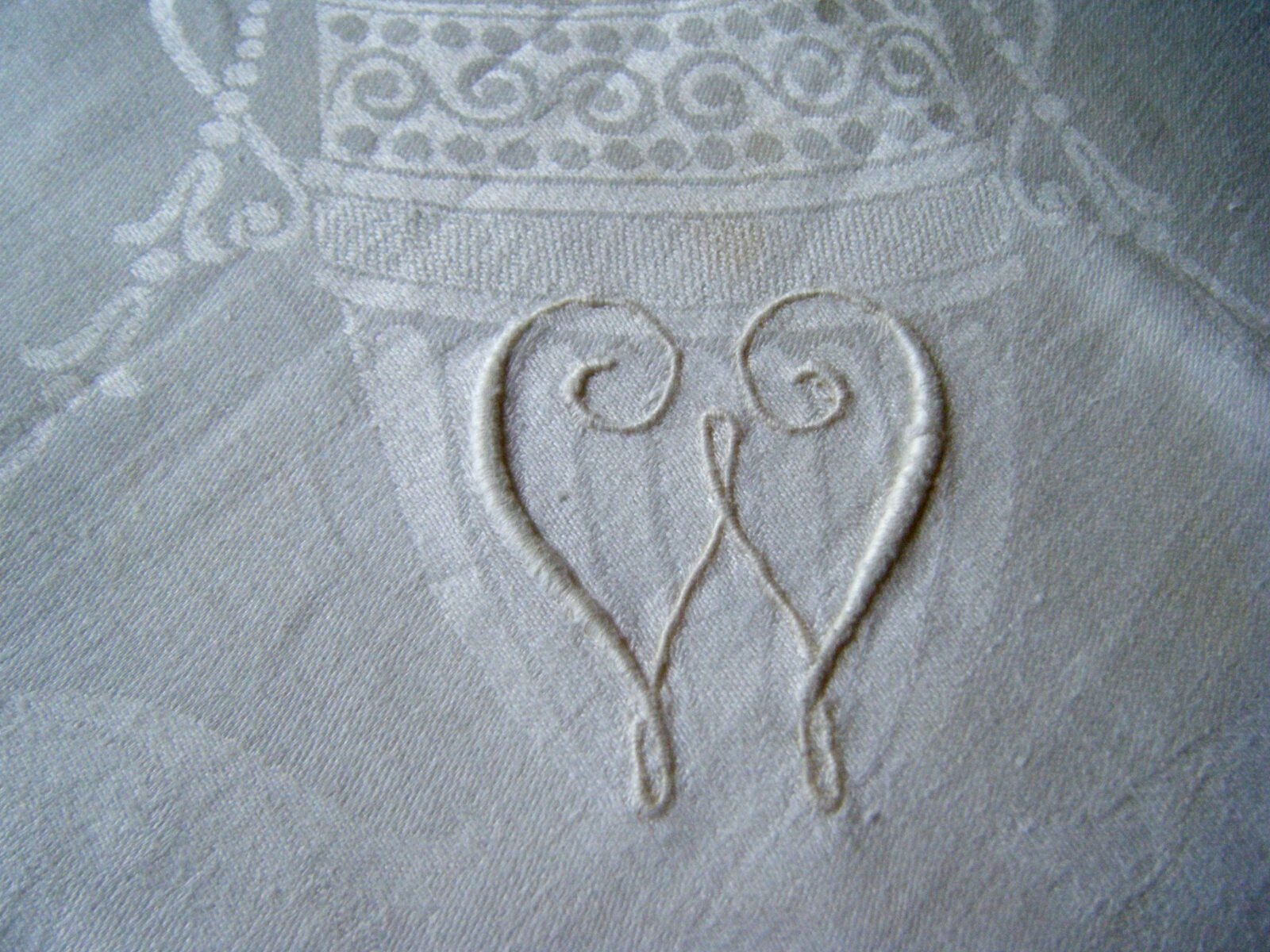 Antique 19c banquet square tablecloth Irish linen damask w mono W 82\ Antique 19c banquet square tablecloth Irish linen damask w mono W 82\