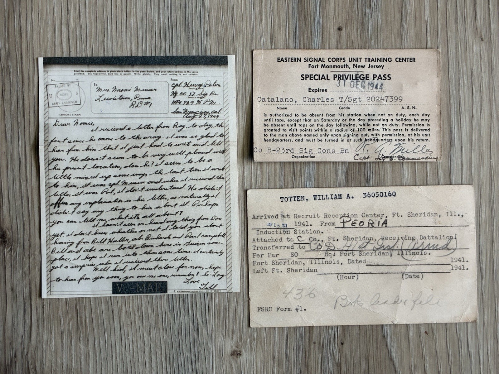 WWII Ephemera Lot (3) 1944 V Mail, Fort Monmouth Pass & 1941 Fort Sheridan Card