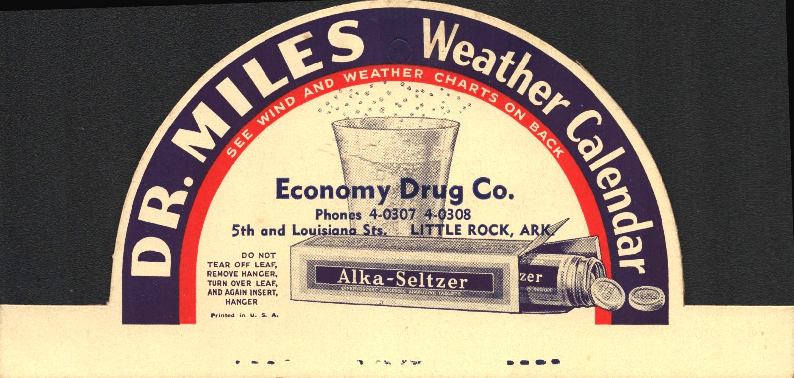 1930s ALKA-SELTZER DR. MILES WEATHER CALENDAR advertising topper LITTLE ROCK, AR