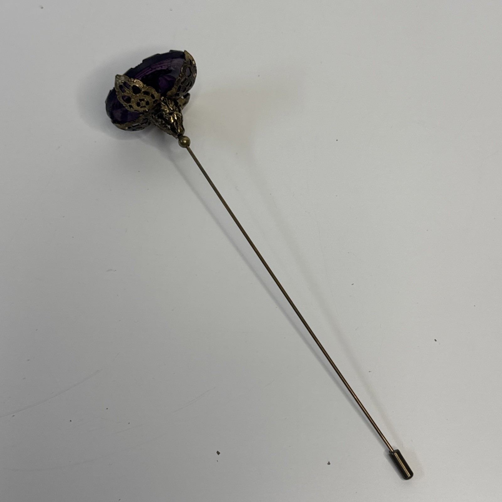 Antique Victorian Amethyst Crystal Art Nouveau Hatpin 7” Long Gold-tone Antique Victorian Amethyst Crystal Art Nouveau Hatpin 7” Long Gold-tone