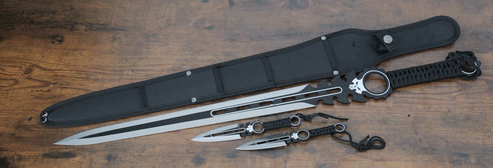 26” Ninja Sword Set 3 PCs Full Tang Double Edge Spear Point Nylon Sheath Strap 26” Ninja Sword Set 3 PCs Full Tang Double Edge Spear Point Nylon Sheath Strap