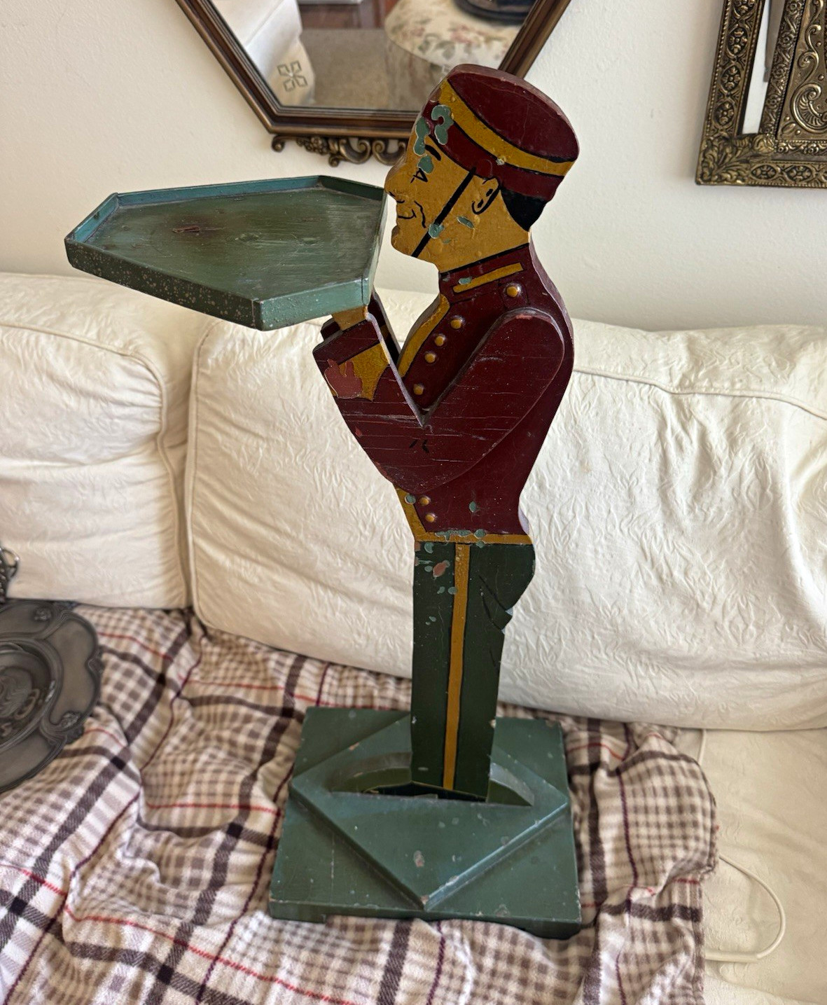 Vintage Art Deco Painted Metal Bellhop Waiter Serving Tray Stand, Green/Red