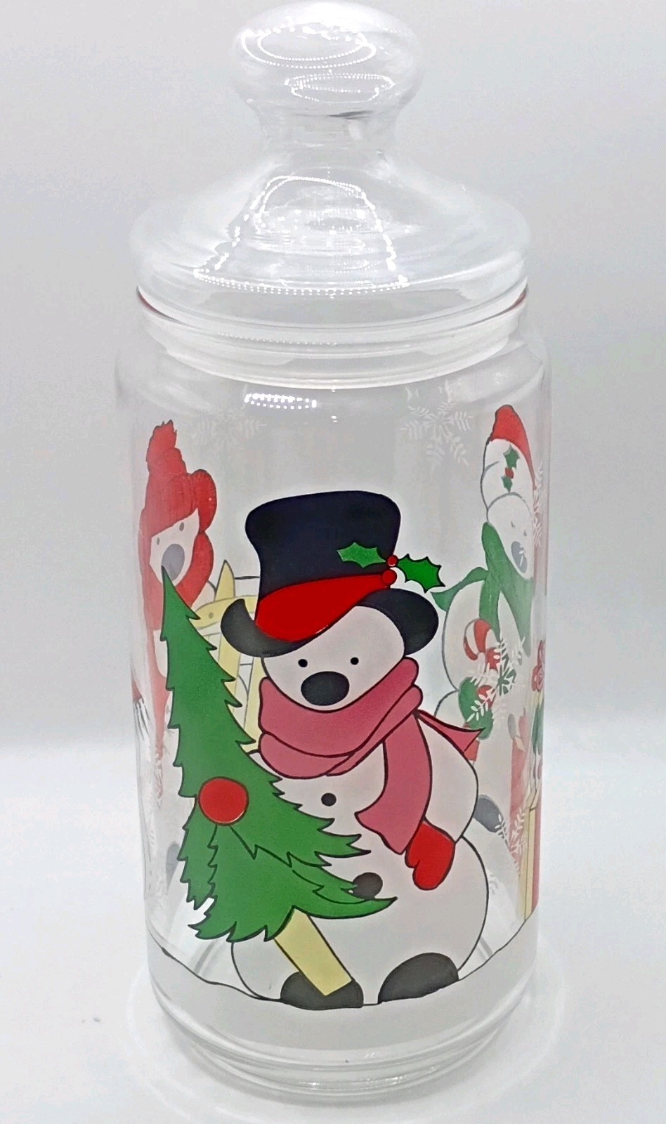 Vintage Clear Glass Christmas Snowman Canister Jar w Lid, 10 in Cylinder Vintage Clear Glass Christmas Snowman Canister Jar w Lid, 10 in Cylinder