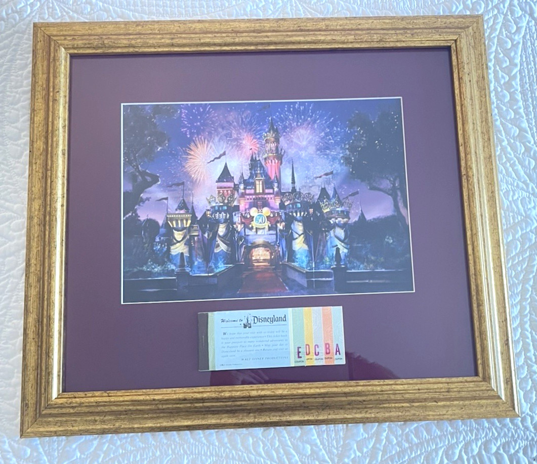 Thomas Kincaid Disneyland 50th Anniversary Framed Print & Vintage Ticket Book Thomas Kincaid Disneyland 50th Anniversary Framed Print & Vintage Ticket Book