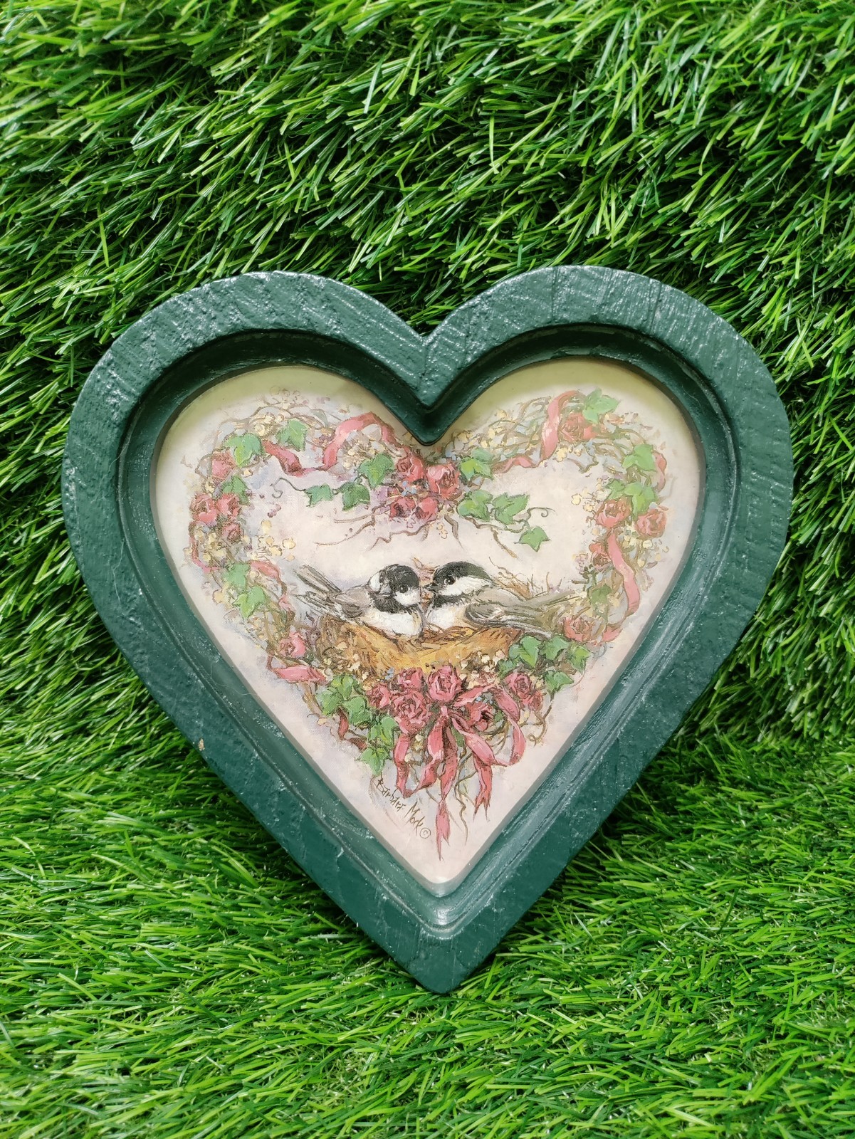 VTG Barbara Mock Bird Nest Eggs Roses Flowers Heart Shaped Green Frame Homco VTG Barbara Mock Bird Nest Eggs Roses Flowers Heart Shaped Green Frame Homco