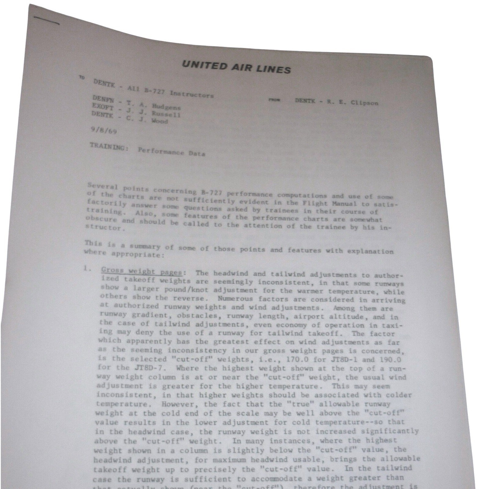 Vintage 1969 United Air Lines B-727 Training Memo Performance Data 3 Pages