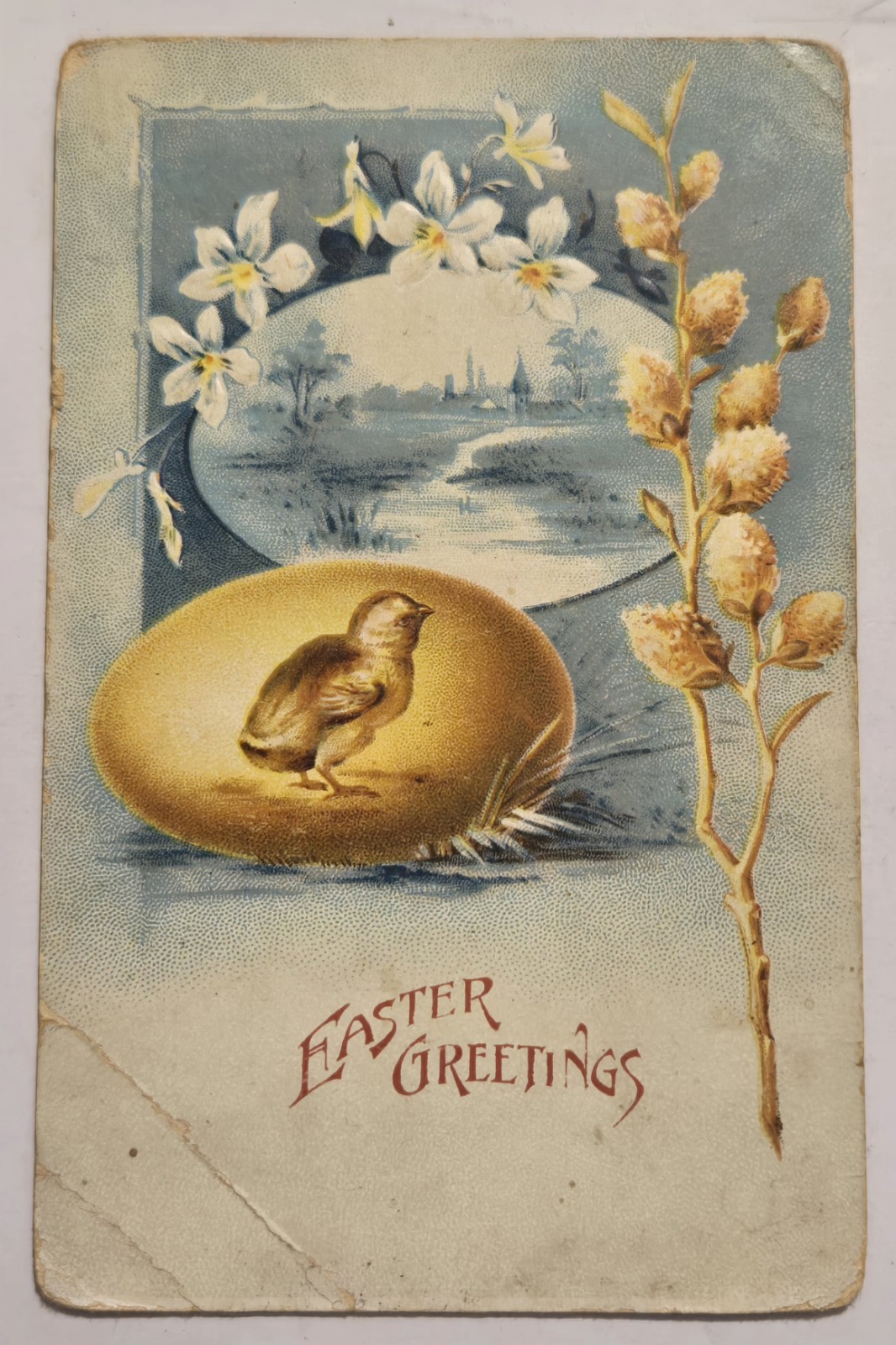 Easter Greetings Chick In An Egg Willow Flowers Vtg Postcard AS IS Creases 017 Easter Greetings Chick In An Egg Willow Flowers Vtg Postcard AS IS Creases 017