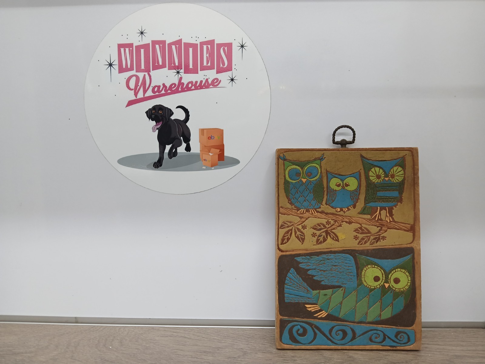 Mid Century Vintage Carved & Painted Portrait Of Owls 10\
