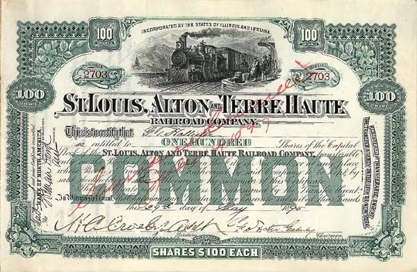 St Louis, Alton and Terre Haute Railroad - Signed by George Foster Peabody - 189