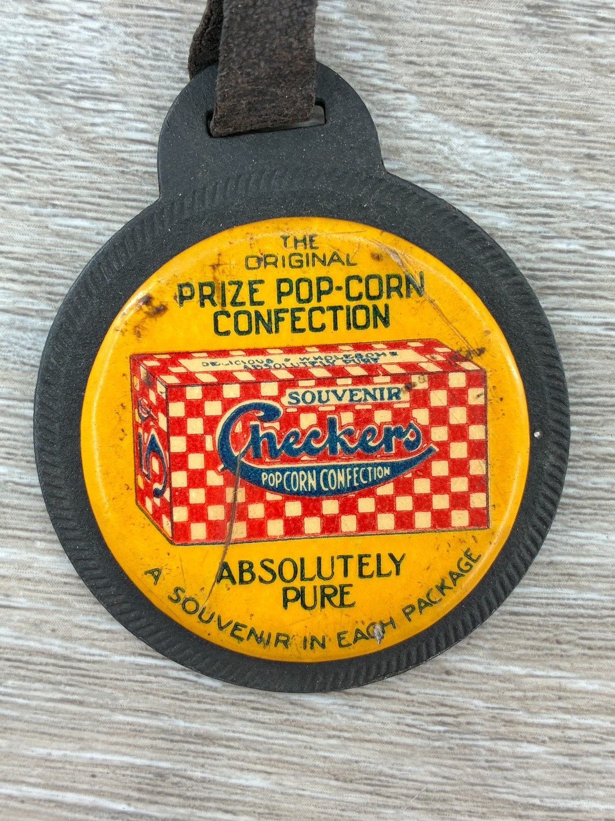 Antique Checkers Cracker Jack Shotwell Advertising Watch Fob Leather Tin Metal