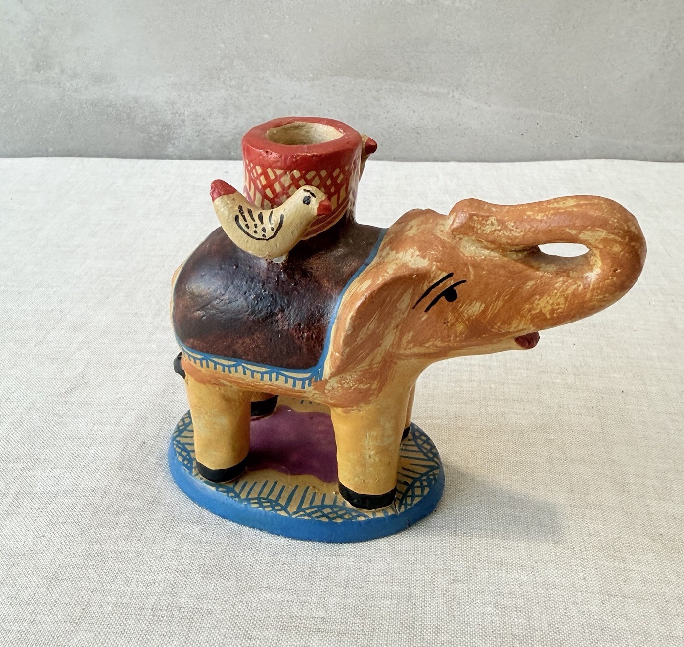 Vintage Mexican Folk Art Pottery Elephant Birds Candle Holder Metepec Style Vintage Mexican Folk Art Pottery Elephant Birds Candle Holder Metepec Style