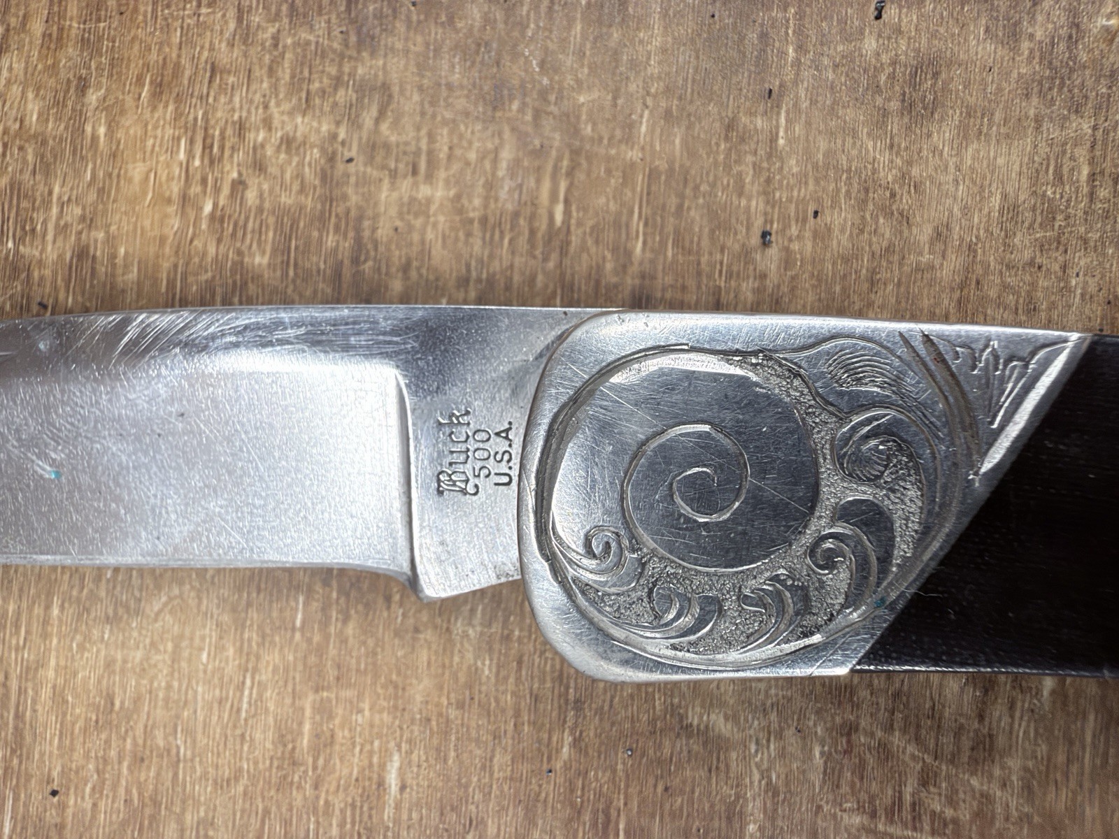 Vintage Buck 500 Duke Folding Lockback Knife Scroll Engraved Bolster Sheath USA