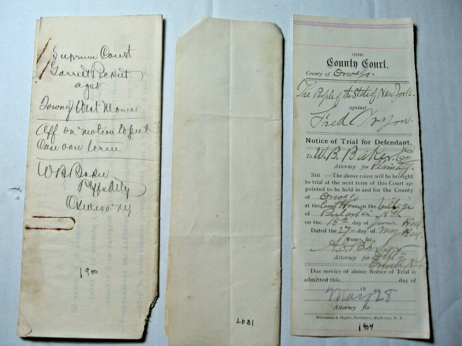 Three 1897-1900-1904 Oswego (N.Y.) County or City Court or Clerk Documents Three 1897-1900-1904 Oswego (N.Y.) County or City Court or Clerk Documents