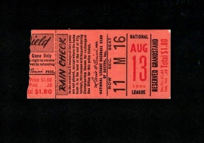 1950 Jackie Robinson, Brooklyn Dodgers Ticket Stub Aug. 13 at Boston Braves EX