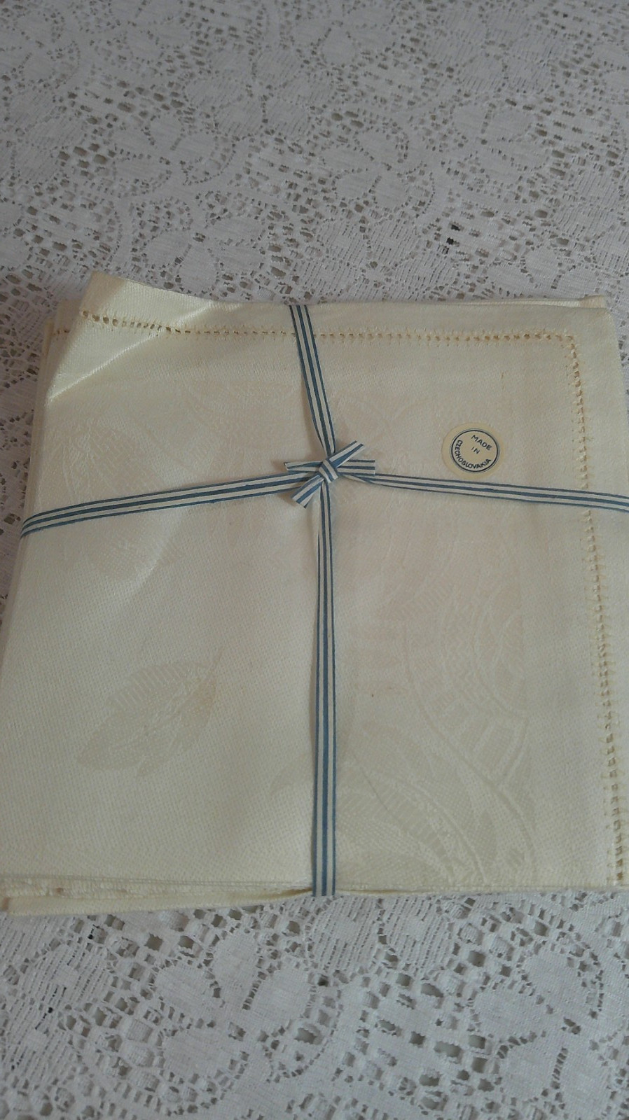 1930s Czechoslovakia Linen Damask Napkins Set 12 NOS Labels Hemstitch 1930s Czechoslovakia Linen Damask Napkins Set 12 NOS Labels Hemstitch