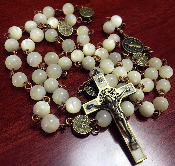 * Vintage Mother of Pearl Beads ROSARY Ancient bronze st.benedict Cross necklace